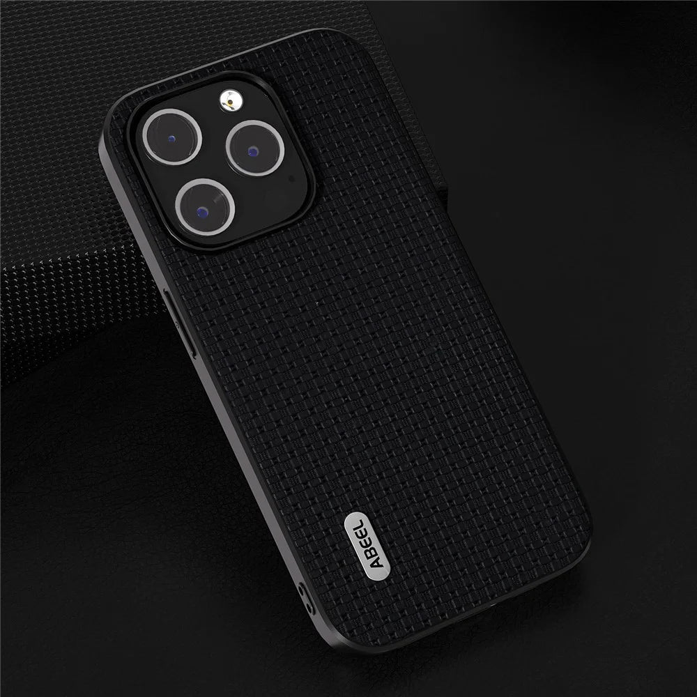 ABEEL For iPhone 14 Pro Max Phone Case Cowhide Leather Coated PC+TPU Luxury Textured Cover - Black - 4