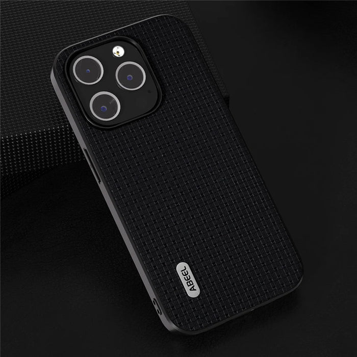 ABEEL For iPhone 14 Pro Max Phone Case Cowhide Leather Coated PC+TPU Luxury Textured Cover - Black - 4