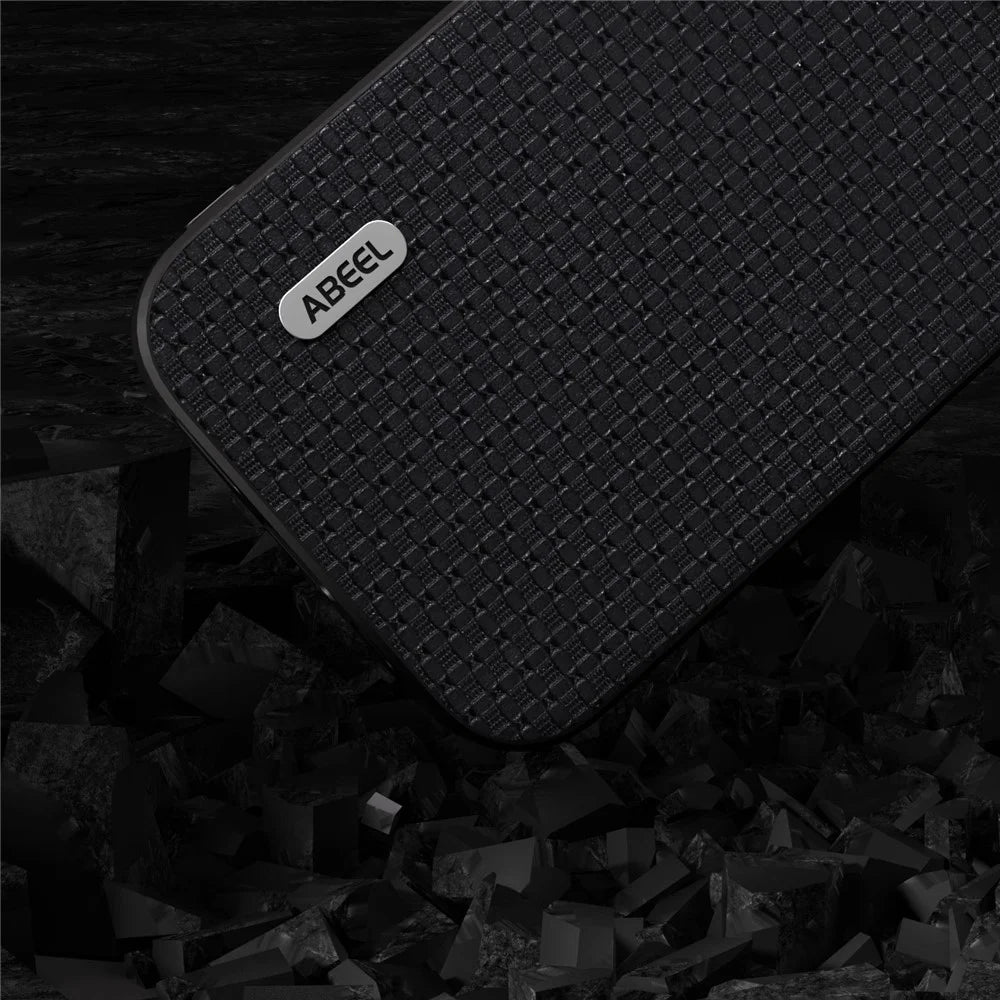 ABEEL For iPhone 14 Pro Max Phone Case Cowhide Leather Coated PC+TPU Luxury Textured Cover - Black - 5