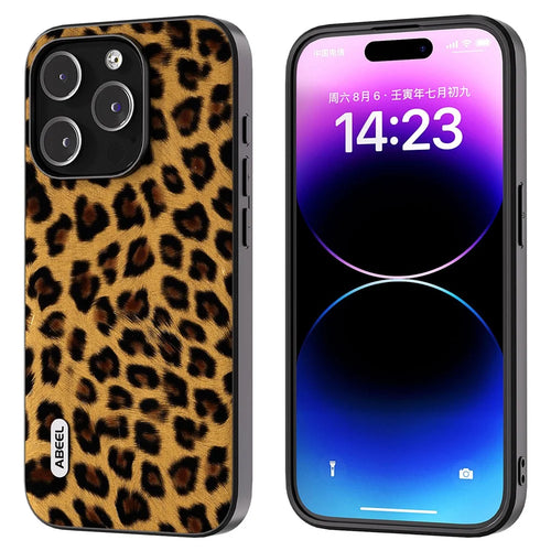 ABEEL For iPhone 14 Pro Max Leopard Texture Phone Case PU Leather Coated TPU + PC Non-Slip Cover - Gold - 1