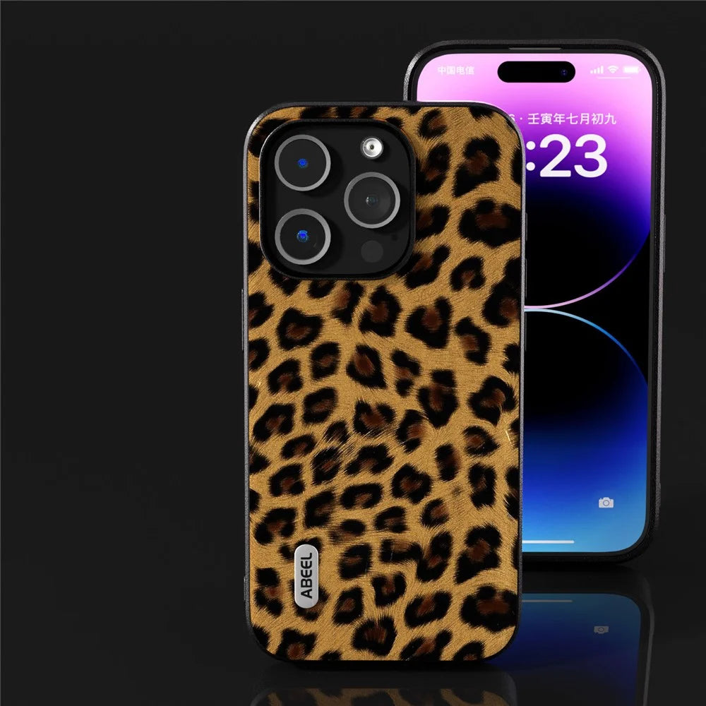 ABEEL For iPhone 14 Pro Max Leopard Texture Phone Case PU Leather Coated TPU + PC Non-Slip Cover - Gold - 6
