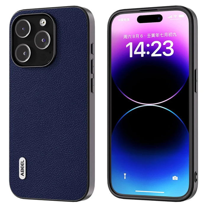 ABEEL For iPhone 14 Pro Max Phone Case Cowhide Leather + PC + TPU Litchi Texture Anti-Drop Cover - Blue - 1