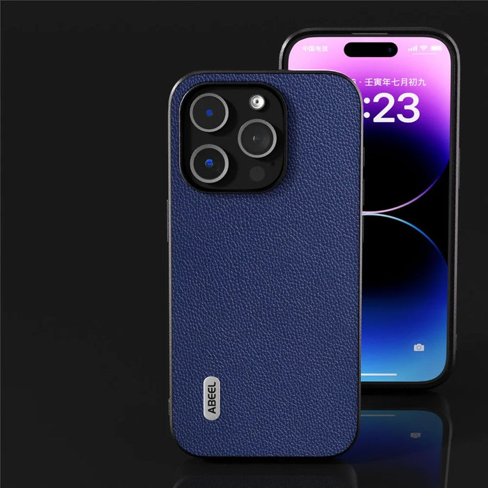 ABEEL For iPhone 14 Pro Max Phone Case Cowhide Leather + PC + TPU Litchi Texture Anti-Drop Cover - Blue - 6