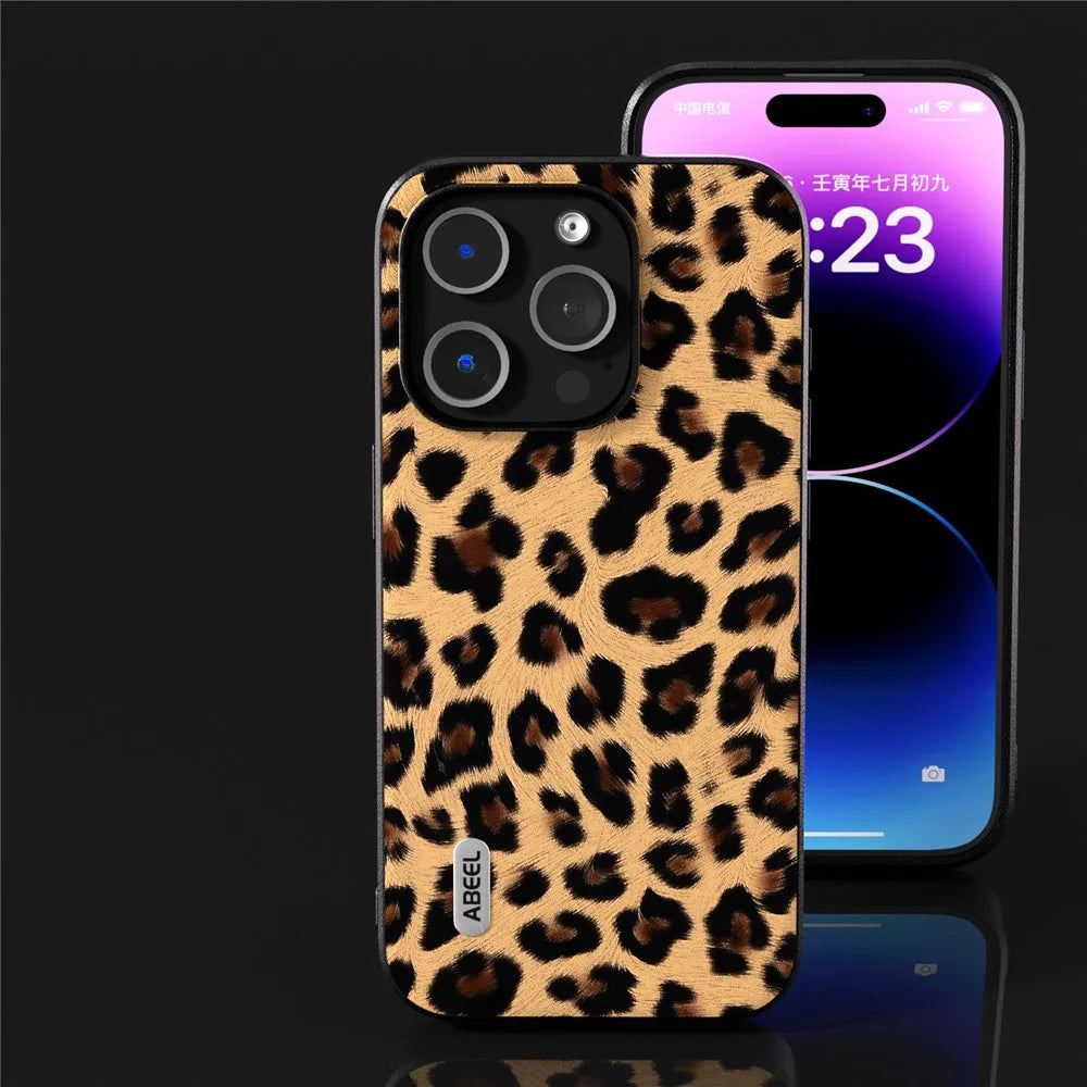 ABEEL For iPhone 14 Pro Shockproof Phone Cover PU Leather Coated TPU + PC Leopard Texture Case - Champagne Gold - 6
