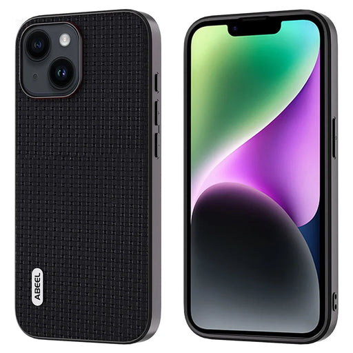 ABEEL For iPhone 14 Shockproof Phone Cover Luxury Textured Cowhide Leather Coated PC+TPU Case - Black - 1