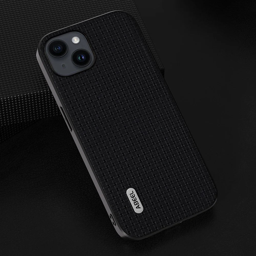 ABEEL For iPhone 14 Shockproof Phone Cover Luxury Textured Cowhide Leather Coated PC+TPU Case - Black - 4