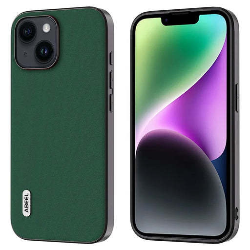 ABEEL For iPhone 14 Plus Shockproof Phone Case Cowhide Leather Coated PC+TPU Silky Feeling Cover - Green - 1