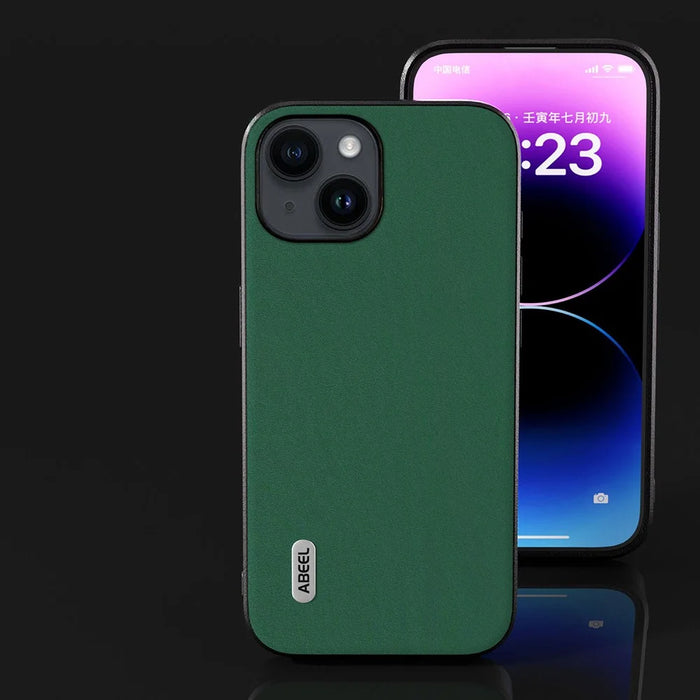 ABEEL For iPhone 14 Plus Shockproof Phone Case Cowhide Leather Coated PC+TPU Silky Feeling Cover - Green - 6