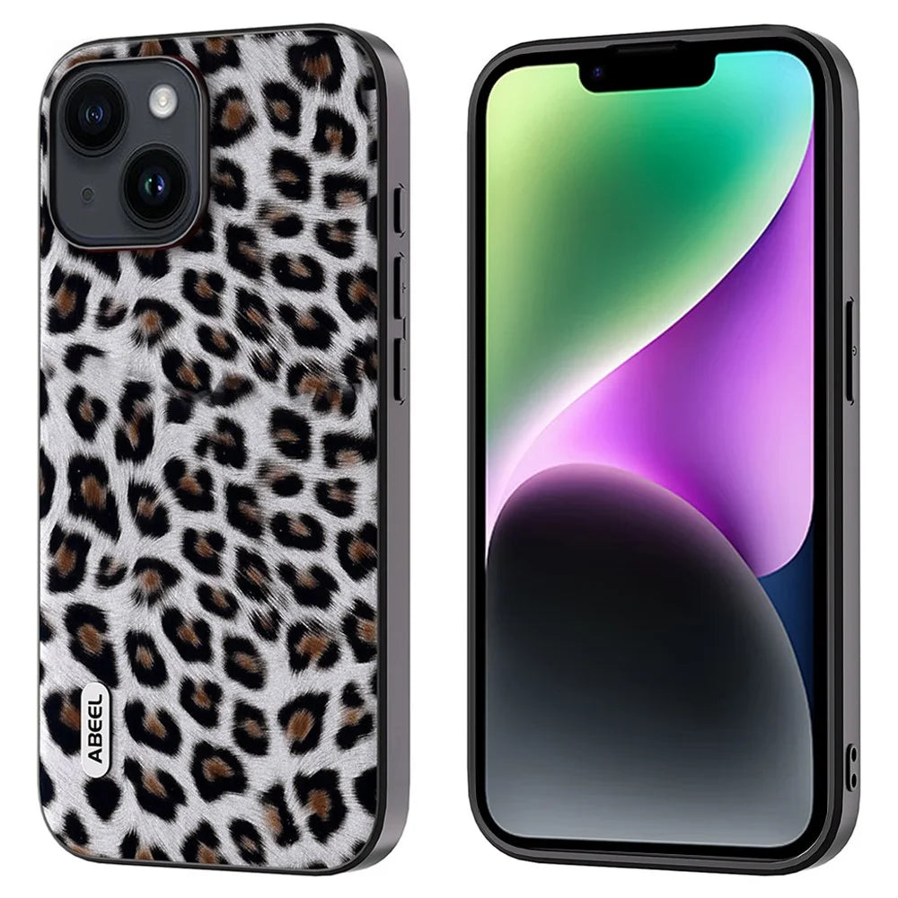 ABEEL For iPhone 14 Plus Phone Protector PU Leather Coated TPU + PC Shell Leopard Texture Case - Silver - 1