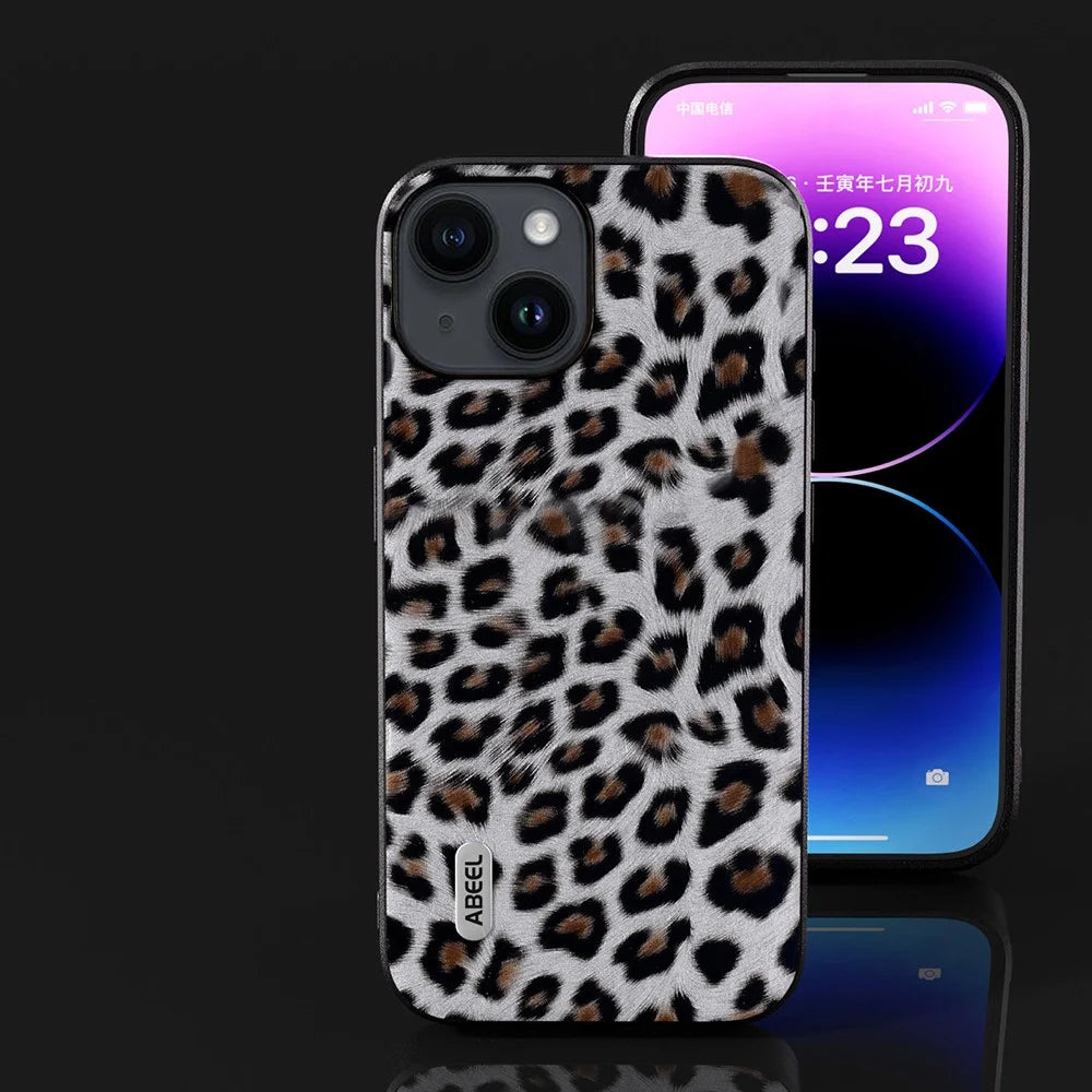 ABEEL For iPhone 14 Plus Phone Protector PU Leather Coated TPU + PC Shell Leopard Texture Case - Silver - 6