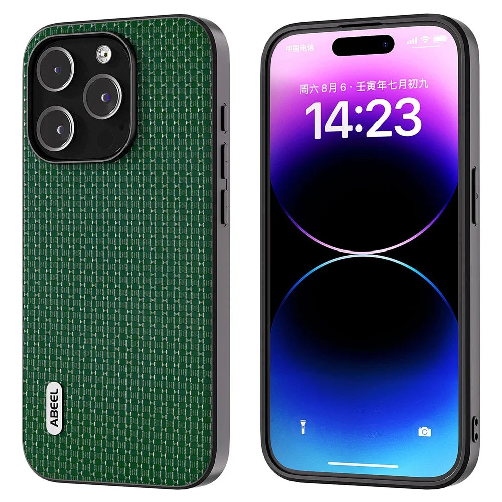 ABEEL For iPhone 14 Pro Luxury Textured Back Case Cowhide Leather Coated PC+TPU Phone Cover - Green - 1