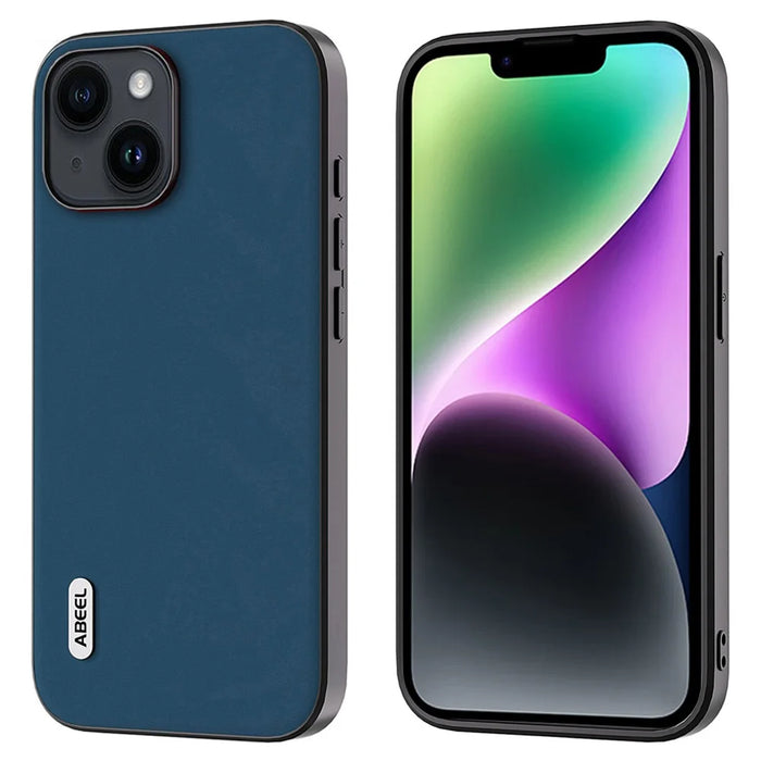 ABEEL For iPhone 14 Soft Silky Feeling Phone Case Cowhide Leather Coated PC+TPU Hybrid Protective Cover - Blue - 1