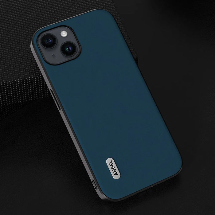 ABEEL For iPhone 14 Soft Silky Feeling Phone Case Cowhide Leather Coated PC+TPU Hybrid Protective Cover - Blue - 4