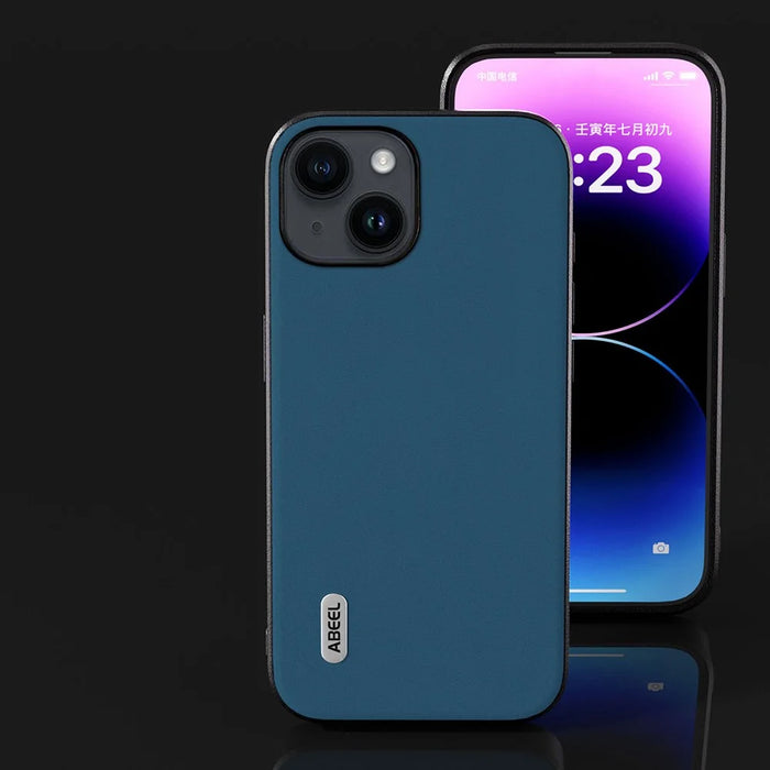 ABEEL For iPhone 14 Soft Silky Feeling Phone Case Cowhide Leather Coated PC+TPU Hybrid Protective Cover - Blue - 6