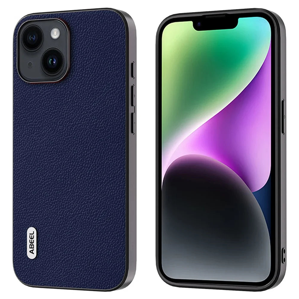 ABEEL For iPhone 14 Plus Litchi Texture Back Cover Cowhide Leather + PC + TPU Shell Phone Case - Blue - 1