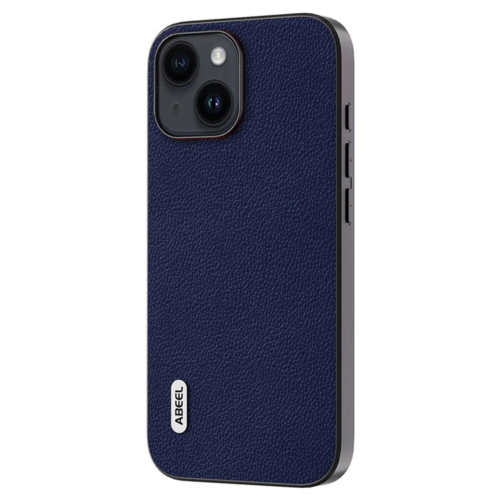 ABEEL For iPhone 14 Plus Litchi Texture Back Cover Cowhide Leather + PC + TPU Shell Phone Case - Blue - 2