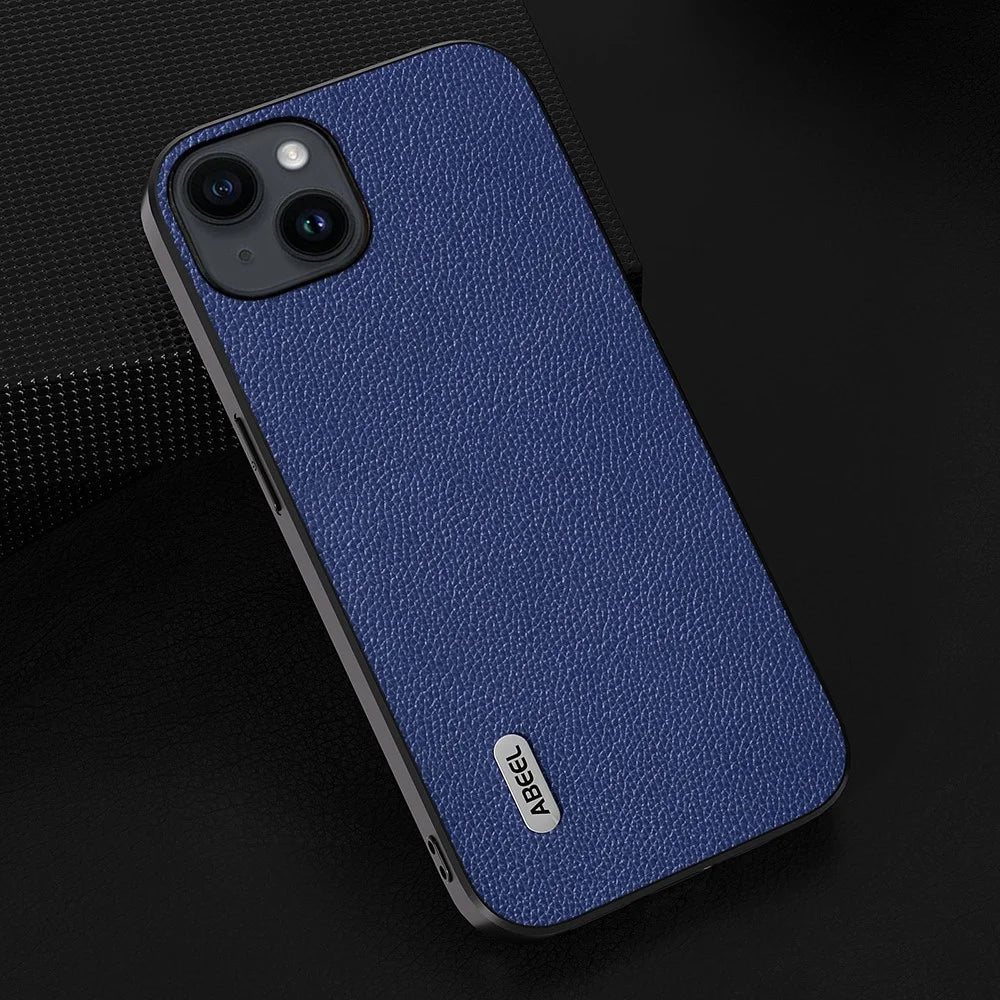 ABEEL For iPhone 14 Plus Litchi Texture Back Cover Cowhide Leather + PC + TPU Shell Phone Case - Blue - 4