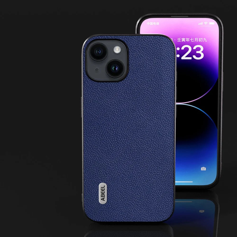 ABEEL For iPhone 14 Plus Litchi Texture Back Cover Cowhide Leather + PC + TPU Shell Phone Case - Blue - 6