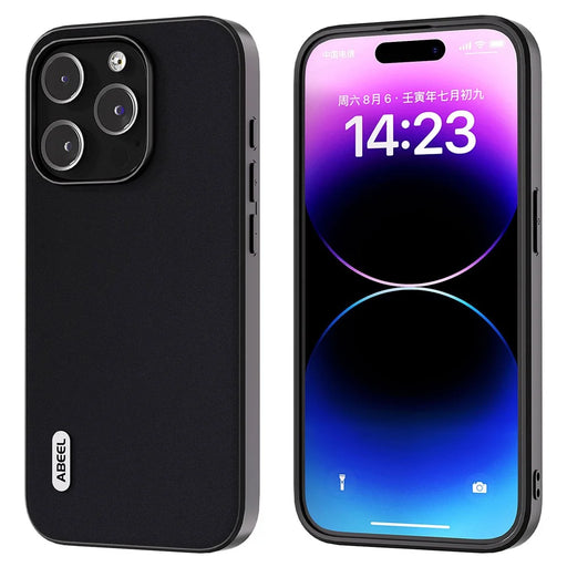 ABEEL For iPhone 14 Pro Smooth Silky Feeling Phone Case Cowhide Leather Coated PC+TPU Back Cover - Black - 1