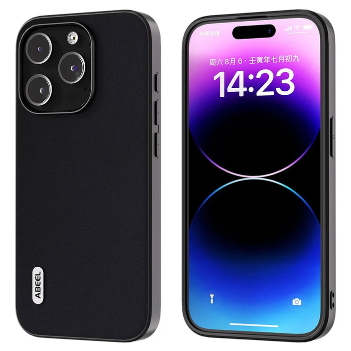 ABEEL For iPhone 14 Pro Smooth Silky Feeling Phone Case Cowhide Leather Coated PC+TPU Back Cover - Black - 1