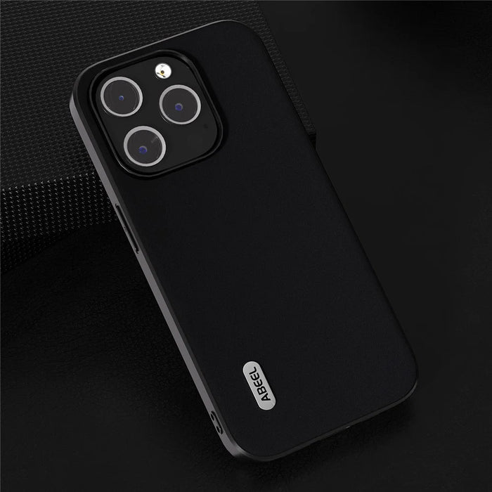 ABEEL For iPhone 14 Pro Smooth Silky Feeling Phone Case Cowhide Leather Coated PC+TPU Back Cover - Black - 4