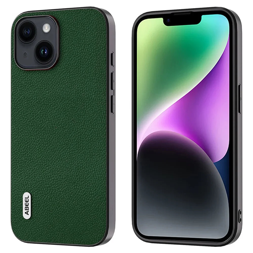 ABEEL For iPhone 14 Litchi Texture Case Anti-Drop Cowhide Leather + PC + TPU Phone Cover - Green - 1