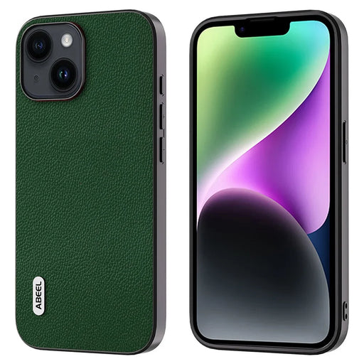ABEEL For iPhone 14 Litchi Texture Case Anti-Drop Cowhide Leather + PC + TPU Phone Cover - Green - 1
