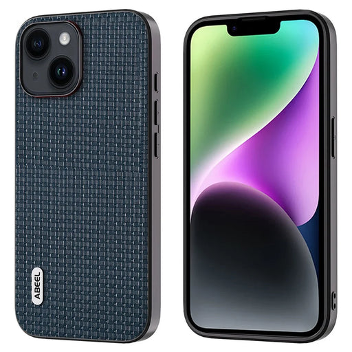 ABEEL For iPhone 14 Plus Protective Phone Case Cowhide Leather Coated PC+TPU Luxury Textured Cover - Blue - 1