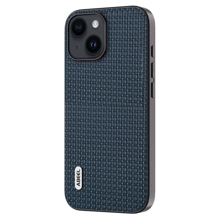 ABEEL For iPhone 14 Plus Protective Phone Case Cowhide Leather Coated PC+TPU Luxury Textured Cover - Blue - 2