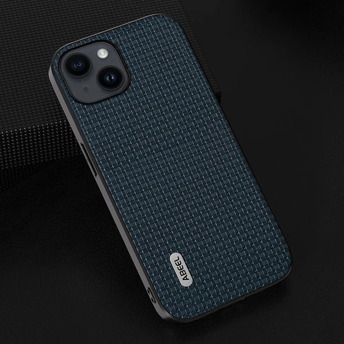 ABEEL For iPhone 14 Plus Protective Phone Case Cowhide Leather Coated PC+TPU Luxury Textured Cover - Blue - 4