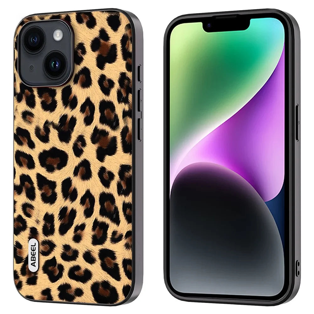 ABEEL For iPhone 14 PU Leather Coated TPU + PC Case Shell Leopard Texture Anti-Scratch Phone Cover - Champagne Gold - 1
