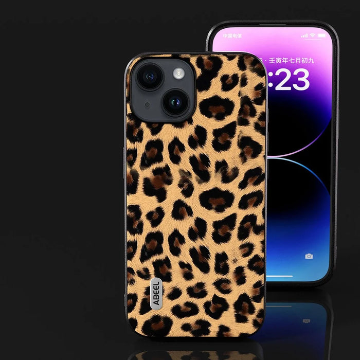 ABEEL For iPhone 14 PU Leather Coated TPU + PC Case Shell Leopard Texture Anti-Scratch Phone Cover - Champagne Gold - 6