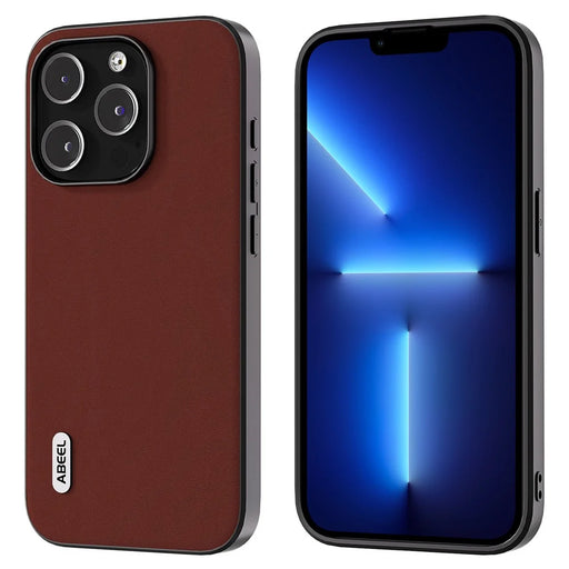 ABEEL For iPhone 13 Pro Max Back Cover Silky Feeling Cowhide Leather Coated PC+TPU Phone Case - Coffee - 1