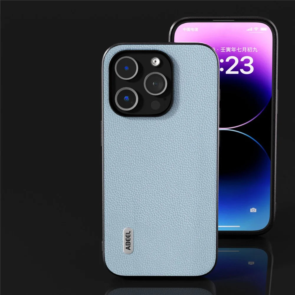 ABEEL For iPhone 13 Pro Litchi Texture Ultra Thin Case Cowhide Leather Coated PC + TPU Protective Phone Cover - Baby Blue - 6