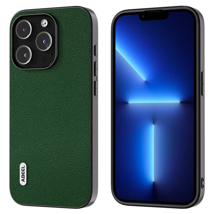 ABEEL For iPhone 13 Pro Max Litchi Texture Back Cover Cowhide Leather Coated PC + TPU Phone Case - Green - 1