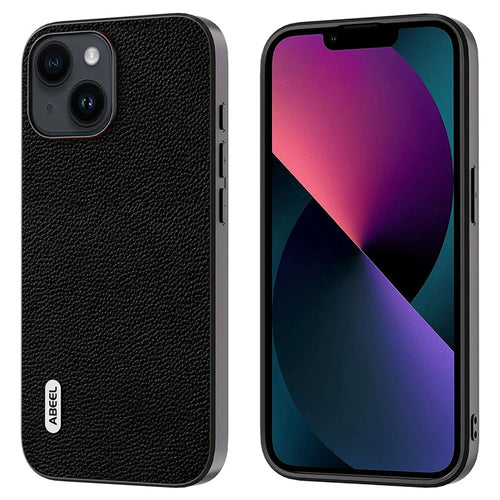 ABEEL For iPhone 13 Ultra-Thin Phone Case Litchi Texture Cowhide Leather Coated PC + TPU Shell - Black - 1