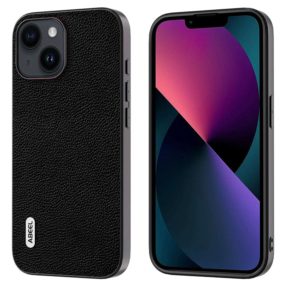 ABEEL For iPhone 13 Ultra-Thin Phone Case Litchi Texture Cowhide Leather Coated PC + TPU Shell - Black - 1
