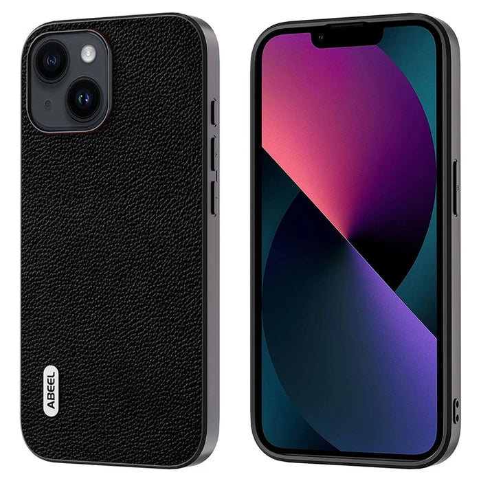 ABEEL For iPhone 13 Ultra-Thin Phone Case Litchi Texture Cowhide Leather Coated PC + TPU Shell - Black - 1