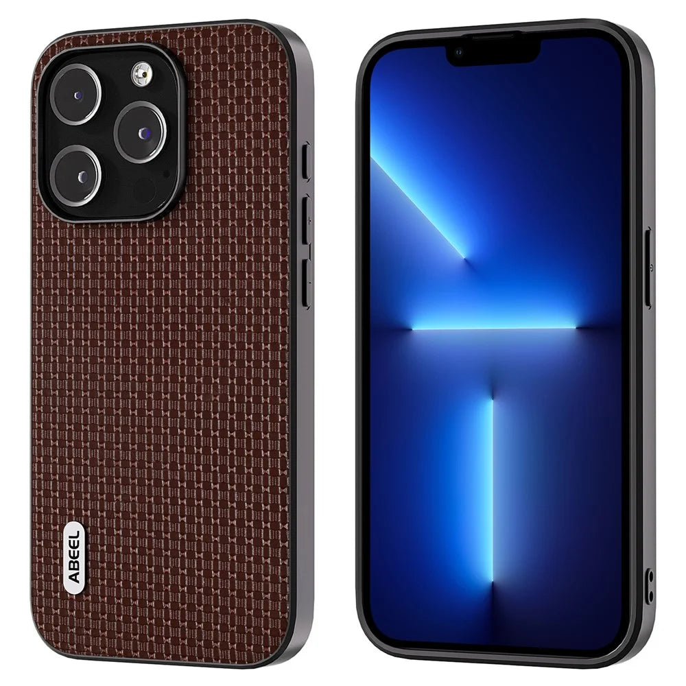 ABEEL For iPhone 13 Pro Max Protective Shell Cowhide Leather Coated PC+TPU Luxury Textured Phone Case - Coffee - 1