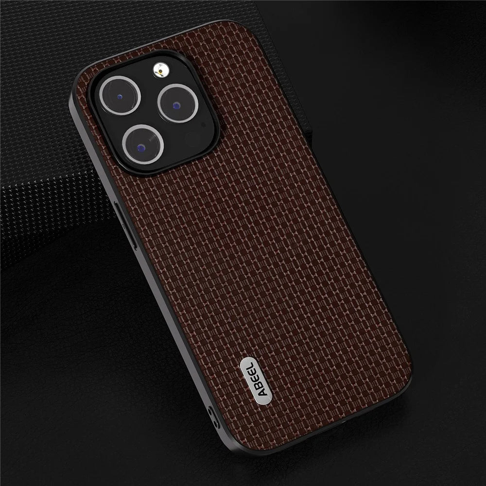 ABEEL For iPhone 13 Pro Max Protective Shell Cowhide Leather Coated PC+TPU Luxury Textured Phone Case - Coffee - 4