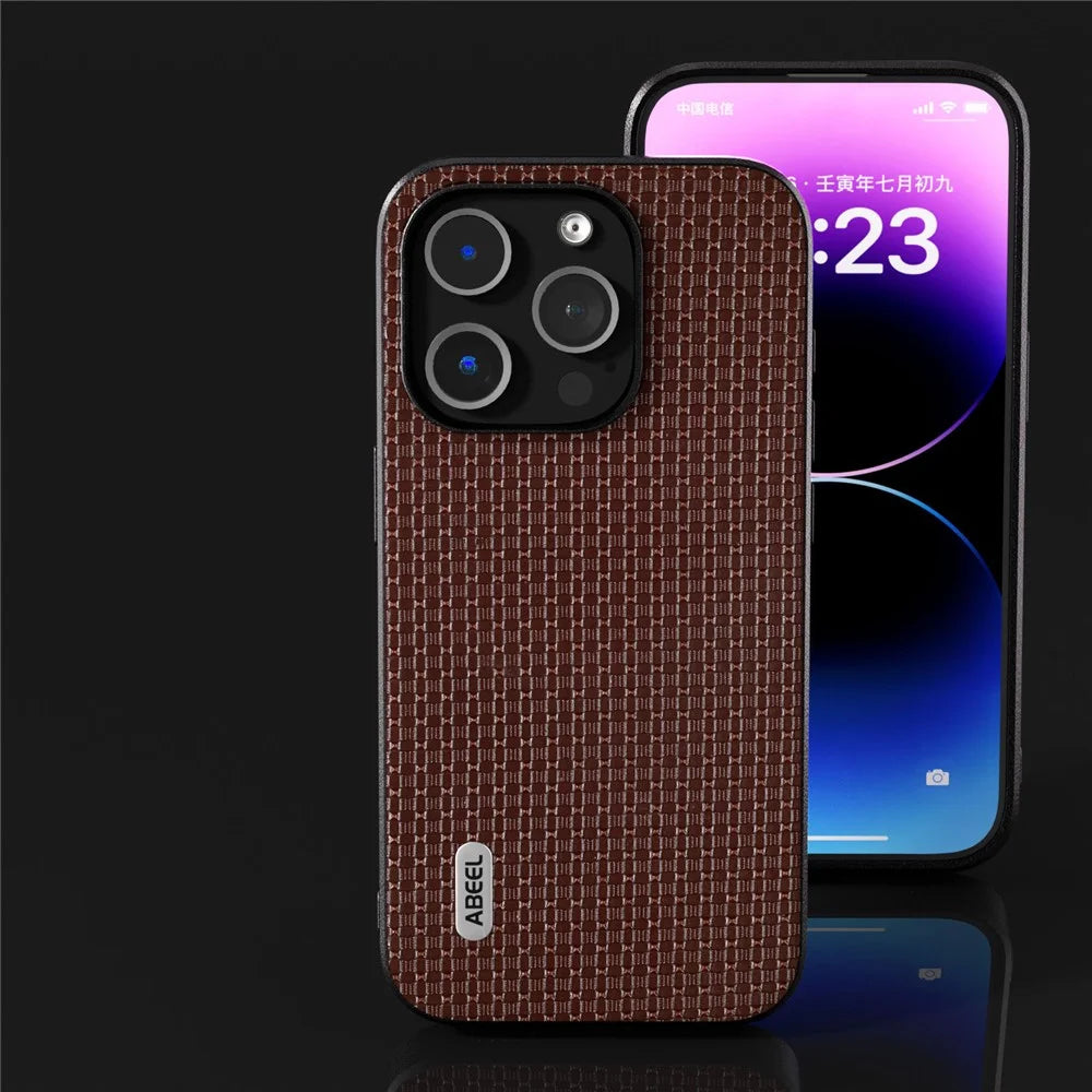 ABEEL For iPhone 13 Pro Max Protective Shell Cowhide Leather Coated PC+TPU Luxury Textured Phone Case - Coffee - 6