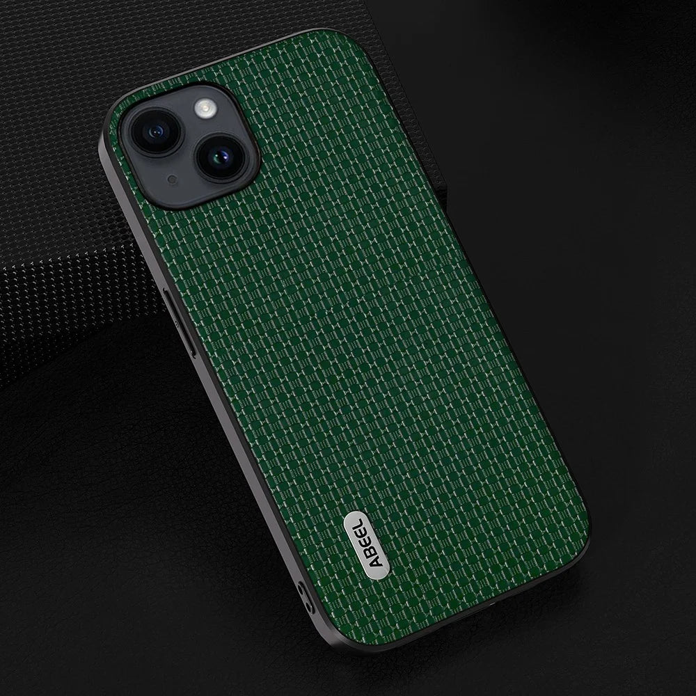 ABEEL For iPhone 13 Slim Thin Phone Case Cowhide Leather Coated PC+TPU Luxury Textured Cover - Green - 4