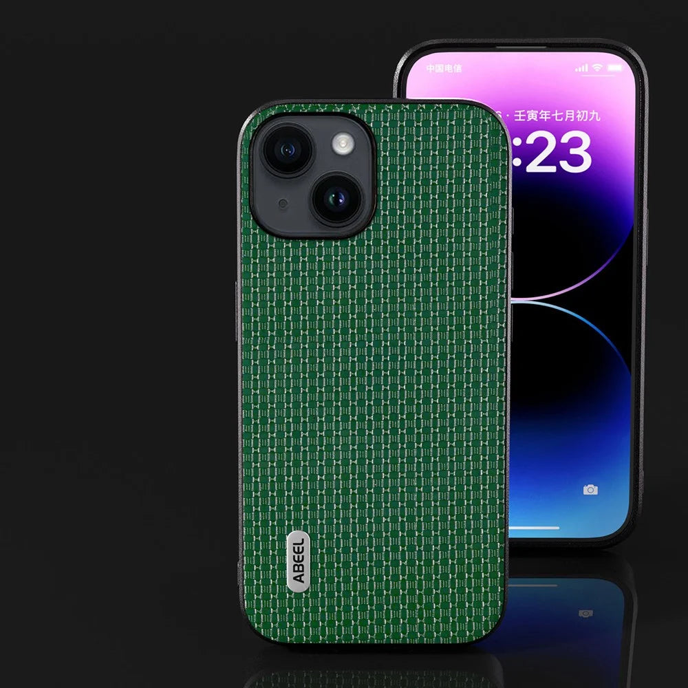 ABEEL For iPhone 13 Slim Thin Phone Case Cowhide Leather Coated PC+TPU Luxury Textured Cover - Green - 6