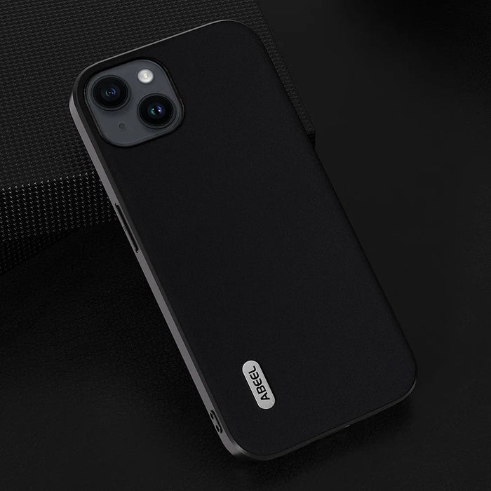 ABEEL For iPhone 13 Cell Phone Case Silky Feeling Cowhide Leather Coated PC+TPU Cover - Black - 4