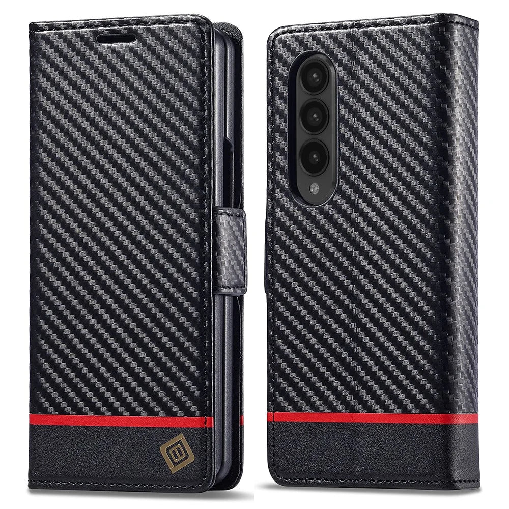 LC.IMEEKE For Samsung Galaxy Z Fold4 5G Leather Wallet Case Stand Carbon Fiber Texture Phone Cover - Horizontal Stripe - 1