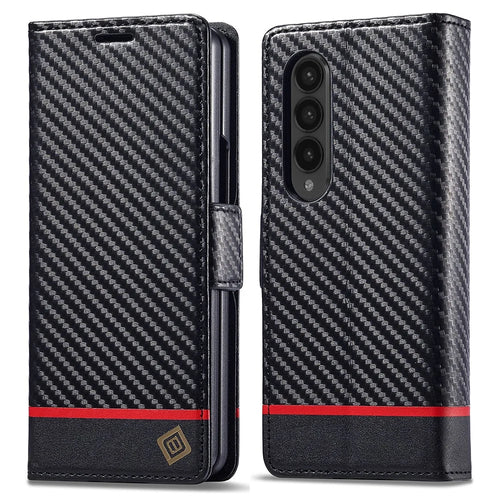 LC.IMEEKE For Samsung Galaxy Z Fold4 5G Leather Wallet Case Stand Carbon Fiber Texture Phone Cover - Horizontal Stripe - 1
