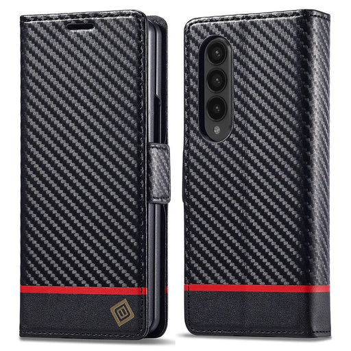 LC.IMEEKE For Samsung Galaxy Z Fold4 5G Leather Wallet Case Stand Carbon Fiber Texture Phone Cover - Horizontal Stripe - 1