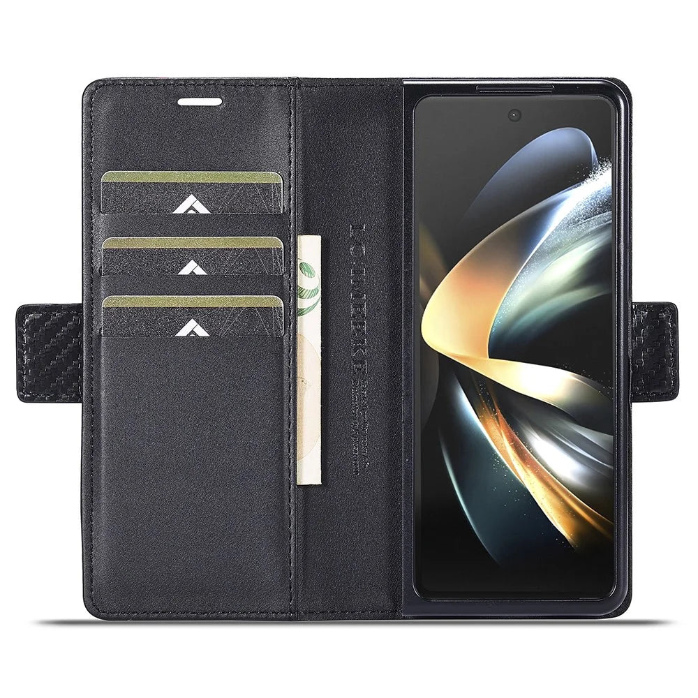 LC.IMEEKE For Samsung Galaxy Z Fold4 5G Leather Wallet Case Stand Carbon Fiber Texture Phone Cover - Horizontal Stripe - 2