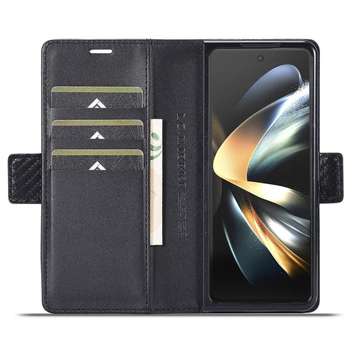 LC.IMEEKE For Samsung Galaxy Z Fold4 5G Leather Wallet Case Stand Carbon Fiber Texture Phone Cover - Horizontal Stripe - 2