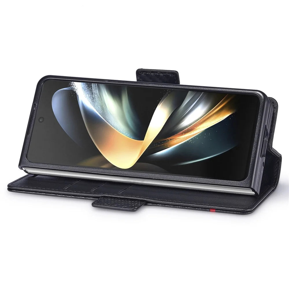LC.IMEEKE For Samsung Galaxy Z Fold4 5G Leather Wallet Case Stand Carbon Fiber Texture Phone Cover - Horizontal Stripe - 3